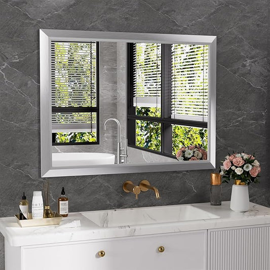 Amorho 40x30 Inch Bathroom Mirror Silver, Thick Metal Framed Wall Mirrors for Over Sink, Brushed Nickel Mirror Perfect for Bedroom, Living Room, Entryway, Rectangle (Horizontal/Vertical).