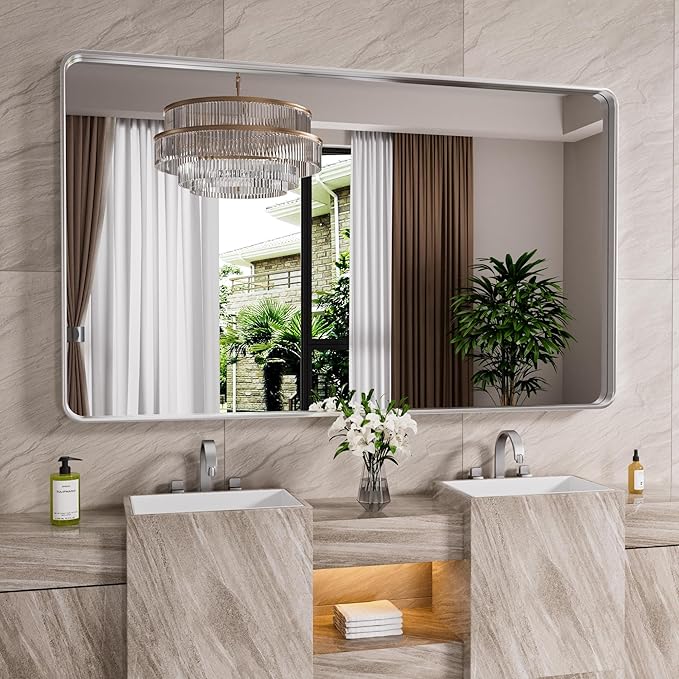 Brushed Nickel Bathroom Mirror 60x30 Inch, Brushed Silver Metal Frame Mirror Wall Mounted, Rounded Rectangle Bathroom Vanity Mirror, Tempered Glass, Anti-Rust, Horizontal/Vertical