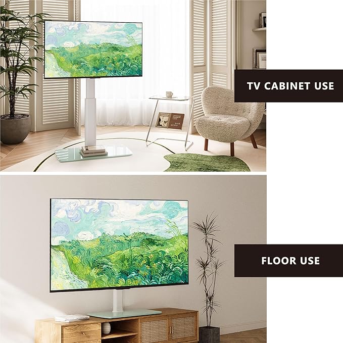 FITUEYES Universal TV Stand, Swivel TV Table Stand for 43 50-65 70 75 80 85Inch Flat Screen, Table Top TV Stand Base Replacement, Height Adjustable TV Mount Stand, Glass Base, Max Holds 110lbs