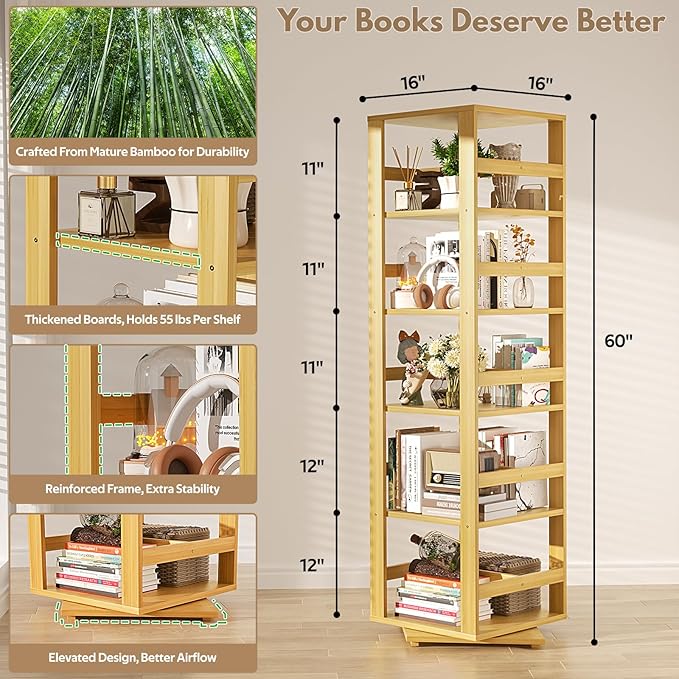 Homykic Rotating Bookshelf, Bamboo 360 Display Spinning Bookshelf Tower, 5-Tier Small Corner Bookcase for Small Spaces, Narrow Revolving Book Shelf Organizer Rack for Home Office, Natural