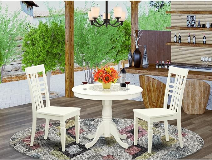 East West Furniture ANLG3-LWH-W 3 Piece Dining Table Set for Small Spaces Contains a Round Kitchen Table with Pedestal and 2 Dining Chairs, 36x36 Inch, Linen White