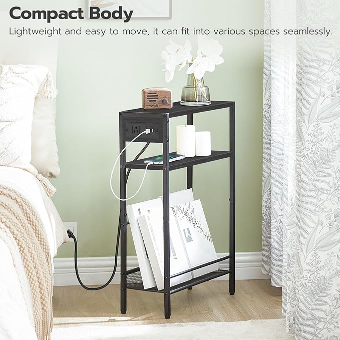 HOOBRO Small Narrow Side Table with Charging Station, Skinny End Table for Small Spaces, Slim Nightstand with USB Ports Outlet, Sofa Beside Table with Storage Shelf, Black BB102UBZ01
