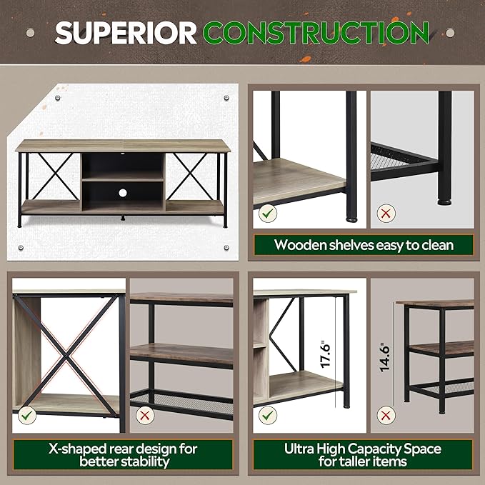 WLIVE TV Stand up to 65 Inch TV, 55" Entertainment Center, Industrial TV Console with Open Storage Shelf for Living Room and Bedroom, Gerige