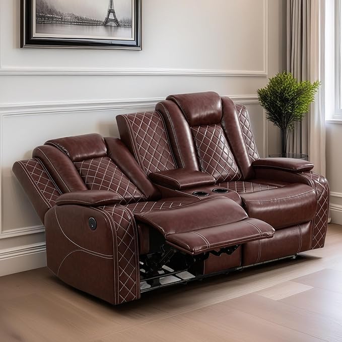 Loveseat Recliner Sofa, Reclining Loveseat Leather Couch with Storage Console, Modern Comfy Home Theater Seating Power Recliner Chair with Cup Holders for Living Room Furniture Sets, Red