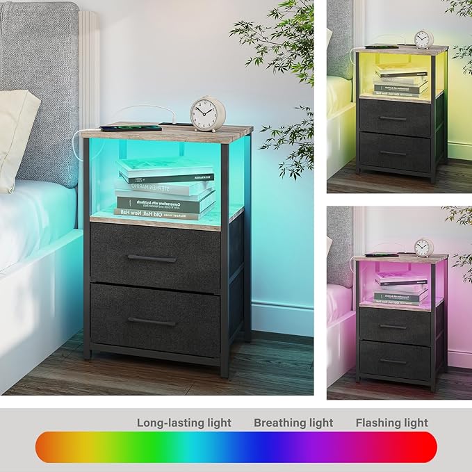 TUTOTAK LED End Table with Charging Station, Nightstand with Cloth Drawer, Side Table with 1 USB Port and 1 Type-C Port, Set of 2, Couch Table, Greige TB01BG052L