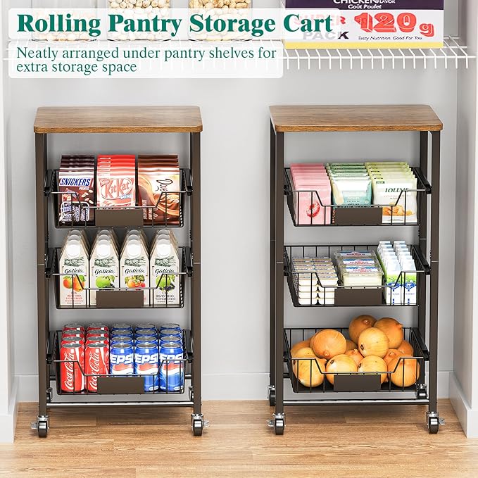 Kitchen Storage Cart with Wheels, 4-Tier Metal Utility Rolling Cart Fruit Vegetable Storage Basket Pantry Rack with Wood Top & Pull Out Baskets for Kitchen, Livingroom, Diningroom, Office