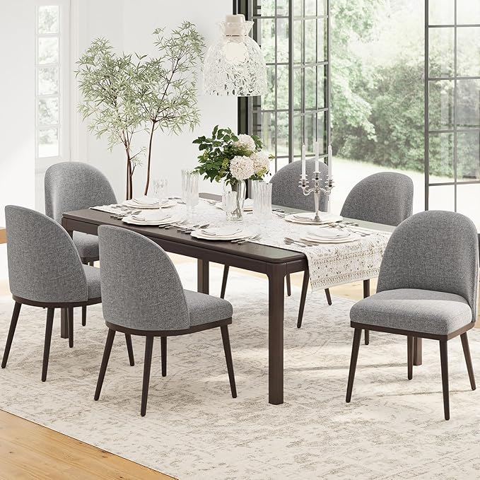 COLAMY Upholstered Dining Chairs Set of 6, Large Dining Room Kitchen Chairs with High Back and Deep Seat, Modern Fabric Dinner Chairs with Wood Legs, Dark Grey