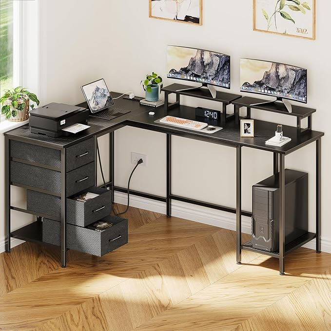 59 inch L Shaped Computer Desk with Power Outlets, Home Office Desk with 4 Adjustable Storage Drawers & 2 Monitor Stands, Two Person Gaming Table for Bedroom, Black