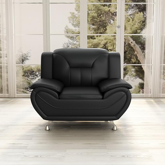 Container Furniture Direct Michael Modern Faux Leather Upholstered Stainless Steel Legs Living Room Sofa, Chair, Midnight Black