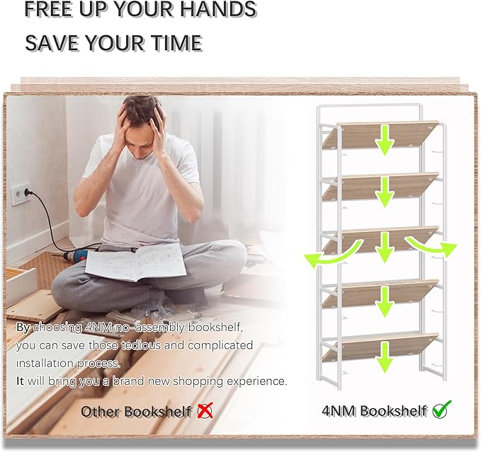 4NM No-Assembly 5 Tiers Folding Bookshelf Storage Shelves Vintage Bookcase Standing Racks Study Organizer Home Office (Natural White)