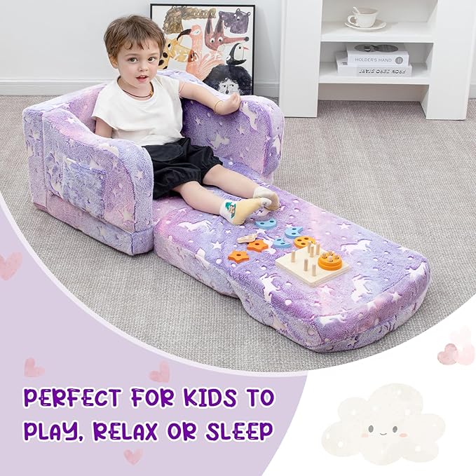 Comfy Toddler Couch and Chair for Kids with Blanket, 2-in-1 Soft Plush Fold Out Kids Sofa Chairs for Girls and Boys, Convertible Sofa to Lounger for Playroom
