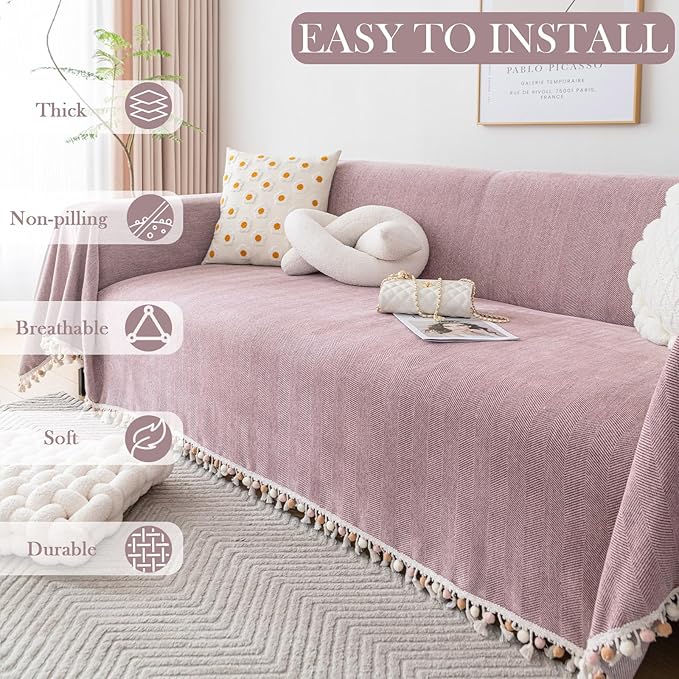 HANDONTIME Solid Boho Sofa Cover for 3 Cushion Couch - Pink-Purple Chenille Throw With Tassels for Dogs, 91" X 150" - Mauve