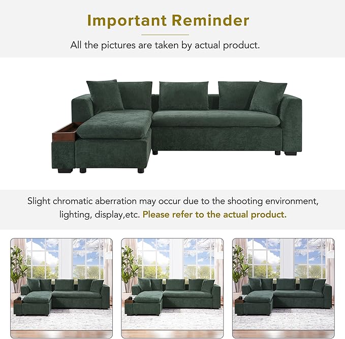 Merax 93.7" L-Shaped Sectional Sofa with Wooden Storage Compartment, Chenille Upholstered Deep Seating Sleeper Couch & Chaise Lounge and Throw Pillows for Living Room, Green