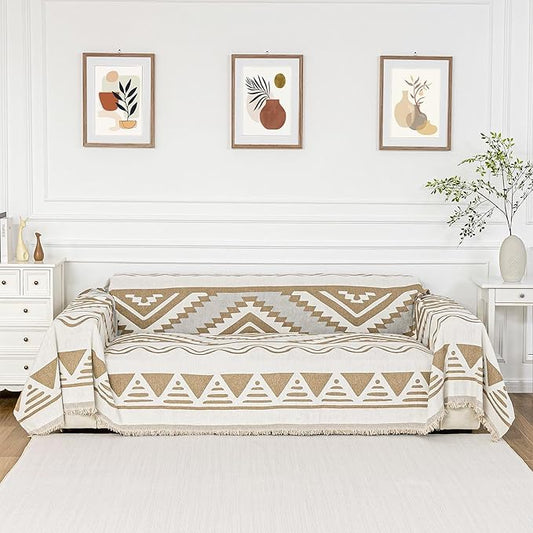 MYSKY HOME Boho Couch Cover for Dogs Washable Khaki Rhombic Couch Sofa Protector for Loveseat Sofa with Pets Friendly Chenille Geometric Sofa Covers Soft Durable Farmhouse Sofa Slipcovers, 71" X102"