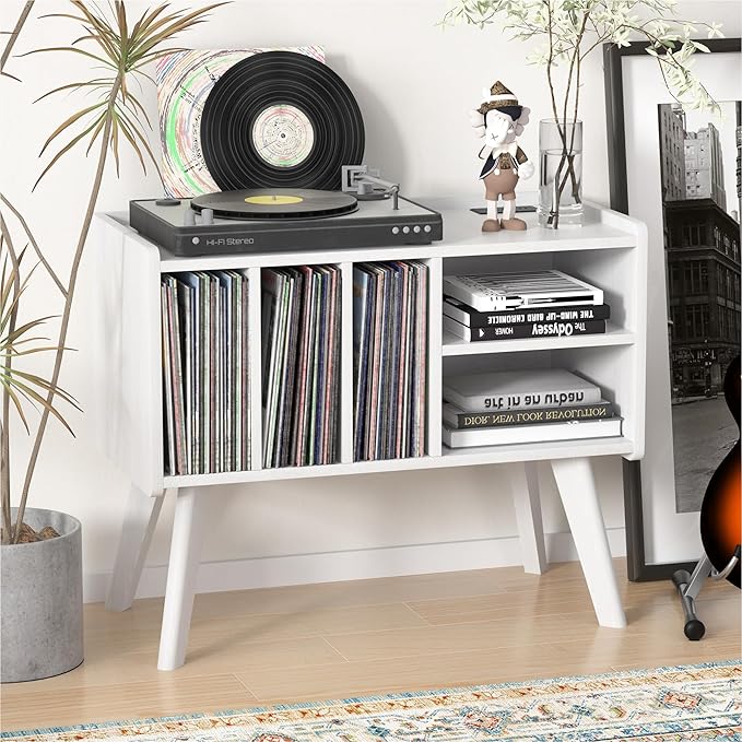Forevich Record Player Stand Table with Vinyl Storage Holder Large Turntable Record Stand with Power Outlet Holds Up to 220 Albums Display Shelf Cabinet with Wood Legs for Living Room White
