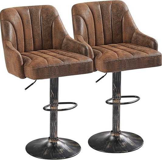 VECELO Bar Stools Set of 2, Adjustable Counter Height Barstools with Back and Arm, Swivel Bar Chair Stools for Kitchen Counter Island Cafe Dining Room, Industrial Style, Brown