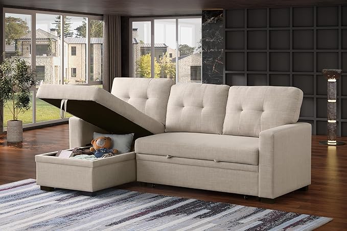 Devion Furniture Garisa 4-in-1 Convertible L Shaped Couch with Pull Out Bed and Storage, Sectional Sleeper Sofa with Reversible Chaise for Living Room, Apartment, Bedroom, Office