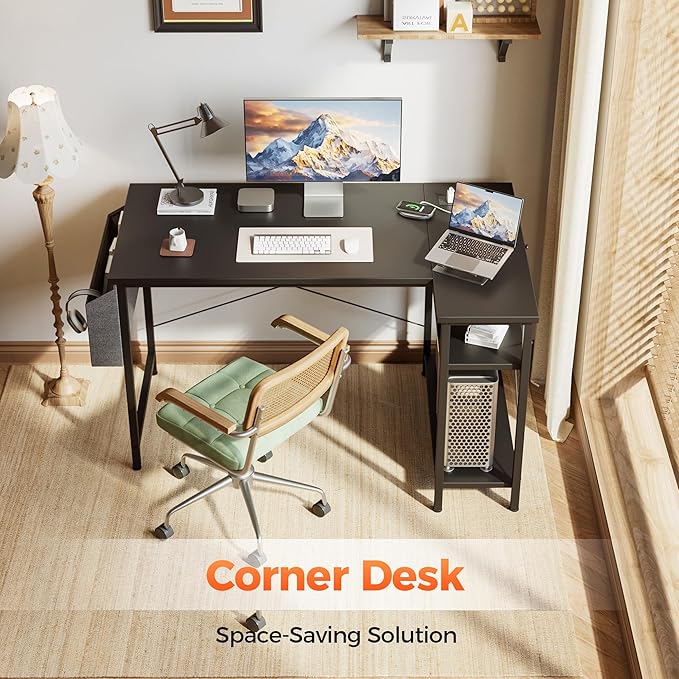 Small L Shaped Computer Desk with Power Outlets, Gaming Desk for Small Spaces, Corner Desk with Reversible Storage Shelves, Study Writing Table for Home Office (Socket, Black, 48 inch)
