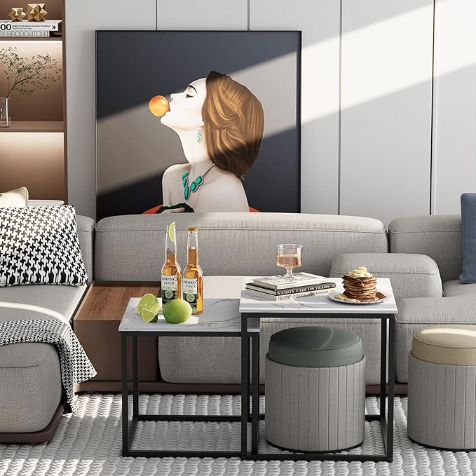 Garden 4 you Coffee Table Set of 2, Modern Faux Marble Nesting Table, Metal Frame Square Center Table Set, Side Tables, Nesting Coffee Table for Living Room, Bedroom and Small Spaces, 19.7in Black