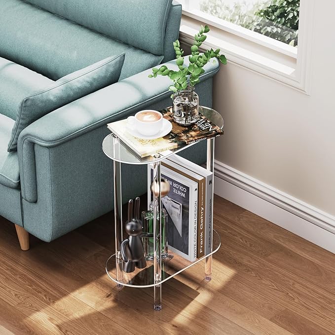 Clear Acrylic Narrow Side Table Set of 2 for Small Spaces, 15.75" L x 7.87" W x 19.82" H, 2 Tier Oval Slim End Table Nightstand, Small Skinny Bedside Table for Bedroom, Bathroom, Living Room