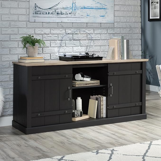 Sauder Misc Entertainment Farmhouse TV Stand, for TVs up to 70", Raven Oak Finish