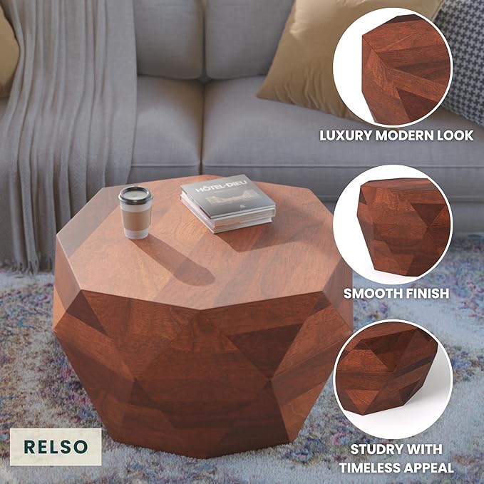 Octavian Coffee Table - Solid Wood Round Drum Center Table for Living Room with Geometric Faceted Design | Walnut Finish Accent Table, Modern Decor, Farmhouse Table | No Assembly Required (18 inch H)