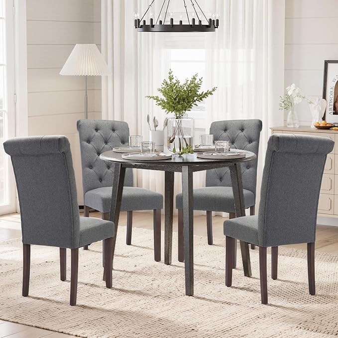 COLAMY Tufted Dining Chairs Set of 6, Parsons Dining Room Chairs Upholstered Fabric Diner Chair Stylish Kitchen Chairs with Solid Wood Legs and Padded Seat - Grey