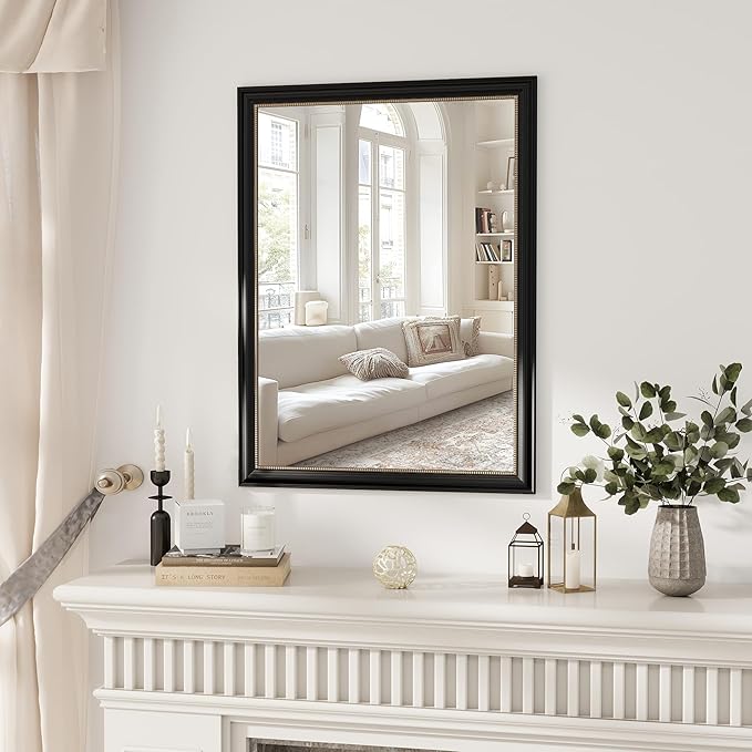 Axeman 30x40 Rectangular Wall Mirror, Decorative Bathroom Mirror, Traditional Vintage Wall Mounted Mirror with Beaded Frame for Accent Living Room Vanity Bedroom Entryway, Black