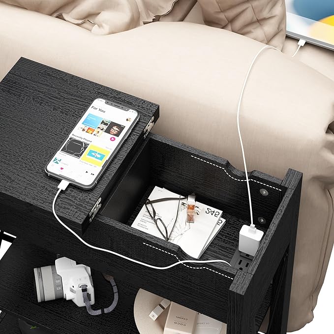 Narrow End Table with Charging Station - Farmhouse Slim Side Table Set of 2, w/USB Ports Power Outlets, Nightstand w/Flip Top Storage Drawer, for Small Spaces Living Room Bedroom, Black