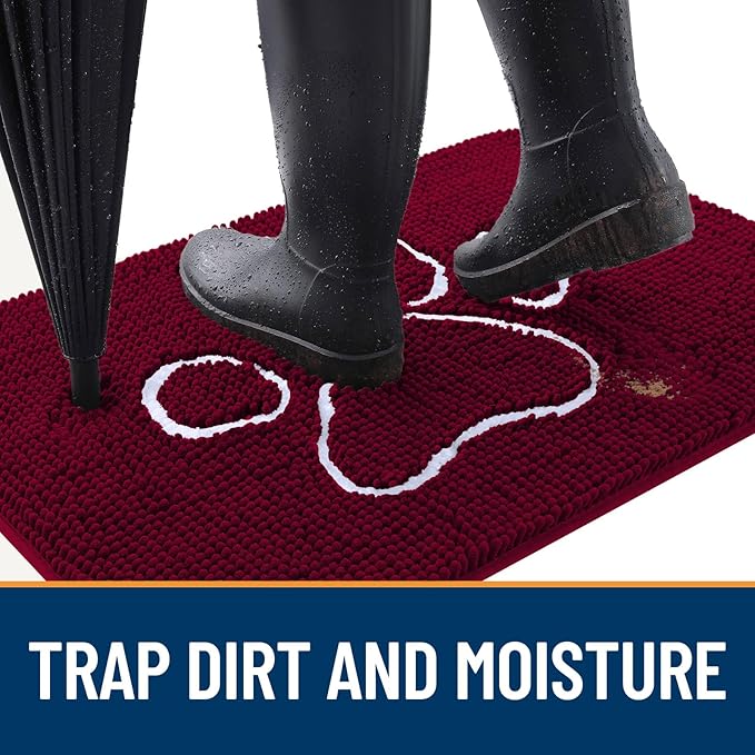 OLANLY Door Mat for Muddy Dog Paws 70x46, Ultra Absorbent Chenille Mud Doormat with Paw Print Design, Non-Slip Washable Doormat for Indoor Entryway, Quick-Dry Pet Bed Mats for Dirty Dogs, Burgundy