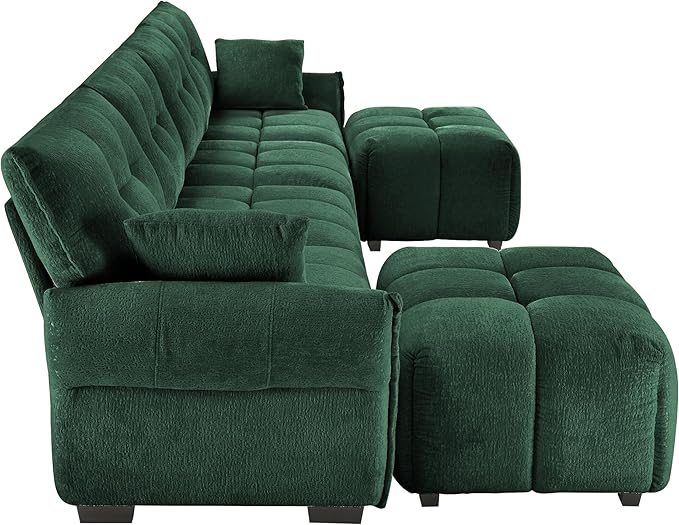 Modern Chenille Fabric 4-Seat Sofa w/Two Ottoman+2 Pillows, Premium Upholstery Living Room Couch with Tufted Backrest & Comfortable Armrests and High-Resilience Memory Foam Cushions,Green