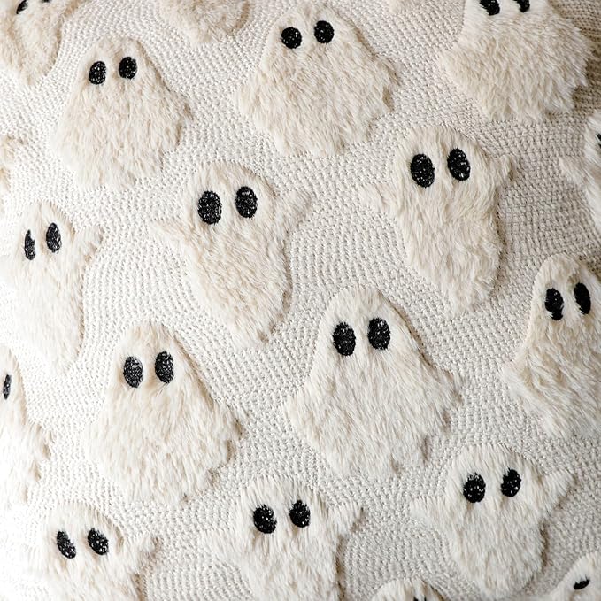 4TH Emotion Halloween Ghost Decorative Pillow Covers 18x18 Set of 2, Beige Soft Plush Faux Fur Farmhouse Throw Cushion Cases for Fall Autumn Holiday Home Decorations