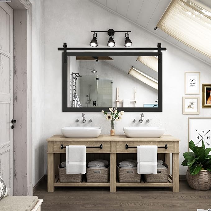 Black Farmhouse Mirror for Wall, 40x26INCH Large Wood Framed Square Bathroom Mirrors for Vanity, Barn Door Style Mirrors Wall Mounted Dresser Decor Mirror Living Room Bedroom Horizontal