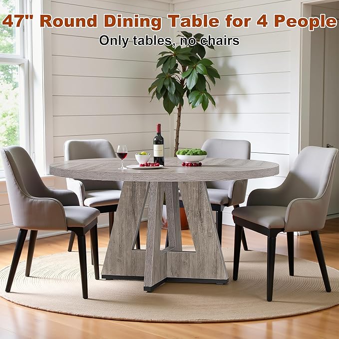 Round Dining Table for 4, 47 Inch Dinner Table Farmhouse Wooden Circle Kitchen Tables with Cross Base for Dining Room, Kitchen, Living Room, Gray