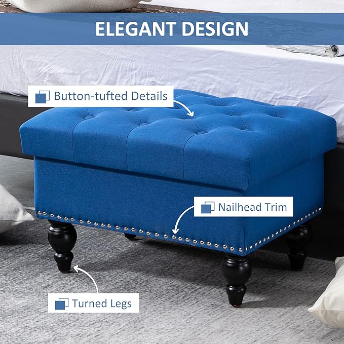 HOMCOM Ottoman with Storage for Living Room, 25" Storage Ottoman with Removable Lid, Button-Tufted Fabric Bench for Footrest and Seat with Wood Legs, Blue