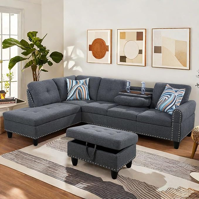 L Shaped Sectional Couch with Otttoman, 97" Leather Sectional Sofa for Living Room Modular Couches with Cup Holders for Bedroom, Apartments, Grey
