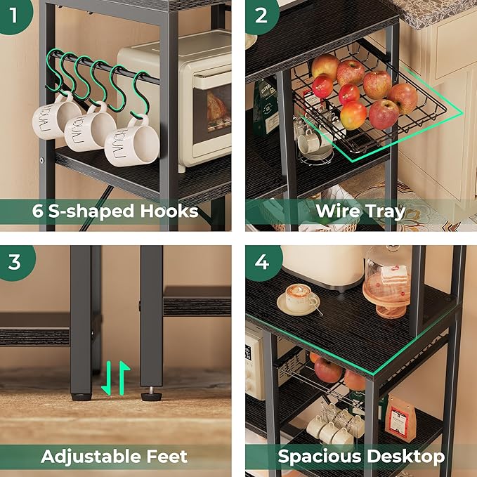 SUPERJARE Bakers Rack with Power Outlet, 35.4 Inches Coffee Bar with Wire Basket, Kitchen Microwave Stand with 6 S-Shaped Hooks, Open Storage Shelves, Black