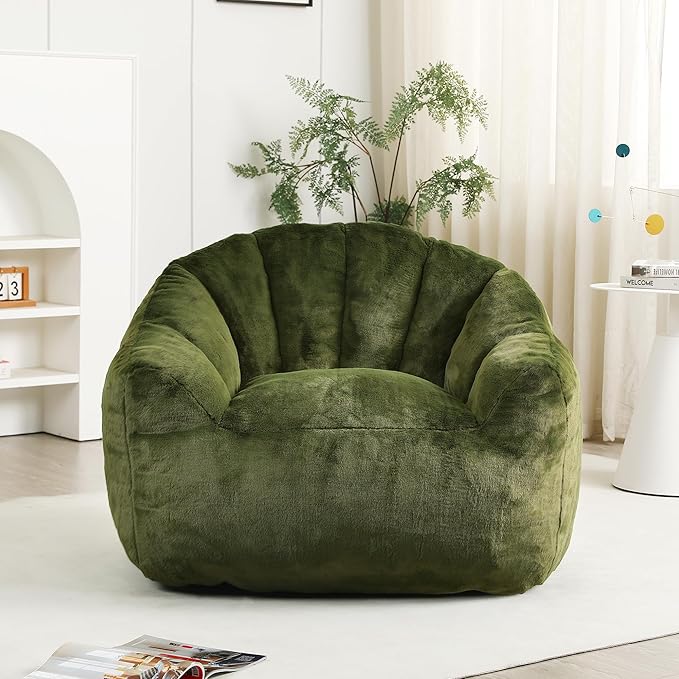 Furniliving Bean Bag Chair, Giant Bean Bag Chair Stuffed Floor Sofa for Adults Comfy Bean Bag Sofa with Back Support, Oversized Bean Bag Couch for Living Room Bedroom Dorm Office, Faux Leather, Green