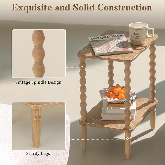Small End Table, Couch Side Table with 2-Tier Storage Shelf, Wood Coffee Table for Bedroom, Living Room, Small Spaces (Rustic Walnut)