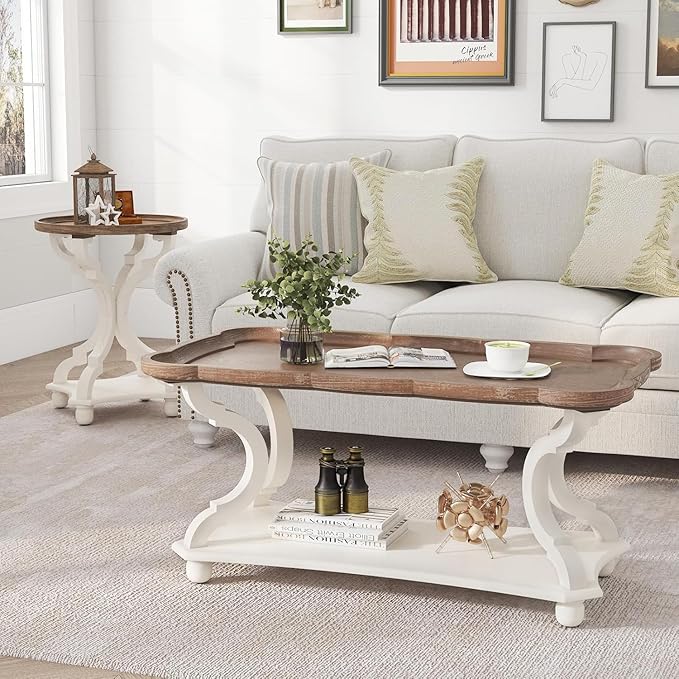 Function Home Farmhouse Coffee Table, Rustic White Cocktail Table with Storage Shelf, Sofa Table with Natural Tray Top and Carved Legs for Living Room Furniture Dining Room, Vintage White