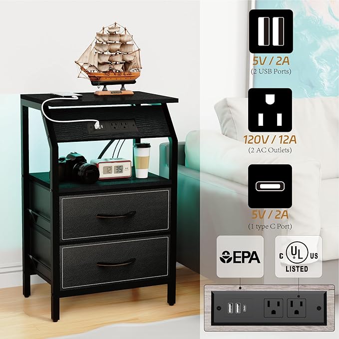 End Table with Light, LED Nightstand with 2 Drawers and Type C Charging Station, Small Fabric Dresser for Bedside, Storage Side Table for Living Room, Dorm, Black