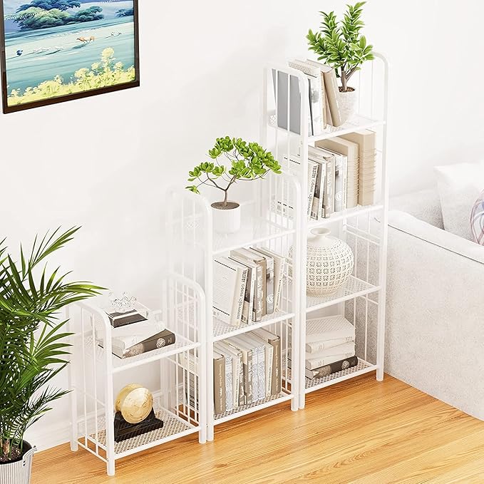 Bookshelf Storage Shelf Small Bookcase Freestanding Storage Stand for Living Room, Bedroom, Kitchen Rust Resistance, Easy Assembly Free Combination Multi-Functional Organizer (3 Tiers, White)