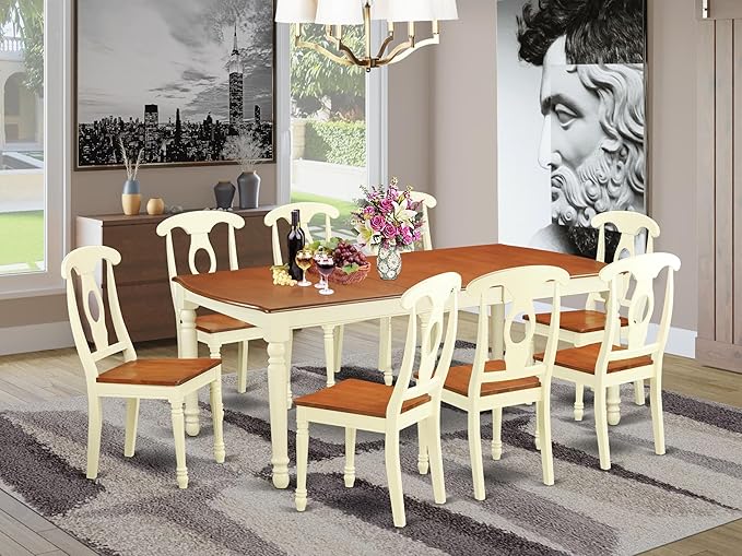 East West Furniture DOKE9-WHI-W 9 Piece Dining Room Furniture Set Includes a Rectangle Wooden Table with Butterfly Leaf and 8 Kitchen Dining Chairs, 42x78 Inch, Buttermilk & Cherry