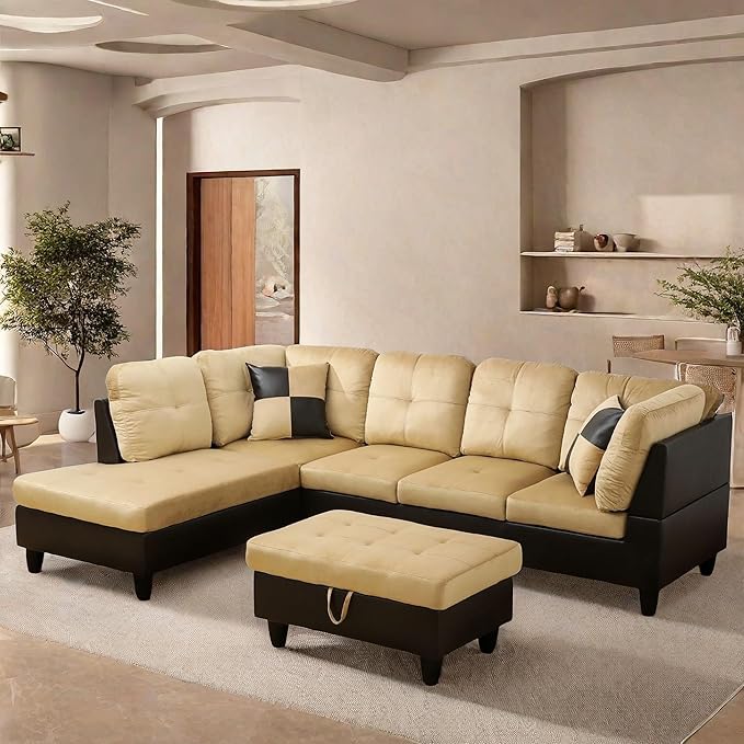 L Shaped Sectional Couch with Otttoman, 103" Sectional Sofa for Living Room Flannel Modular Couches with Cup Holders for Bedroom, Apartments, Beige &Brown