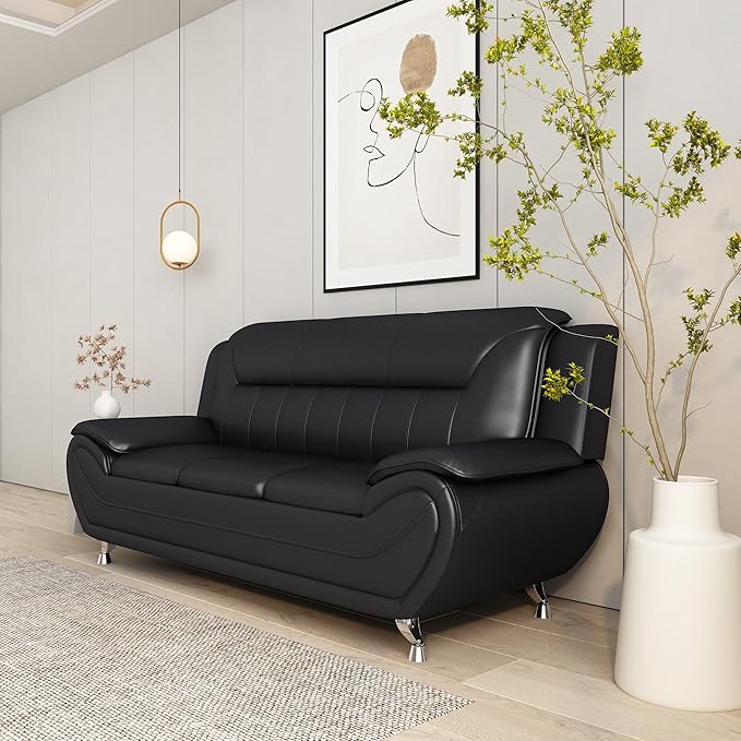 Container Furniture Direct Michael Modern Faux Leather Upholstered Stainless Steel Legs Living Room Sofa, Black