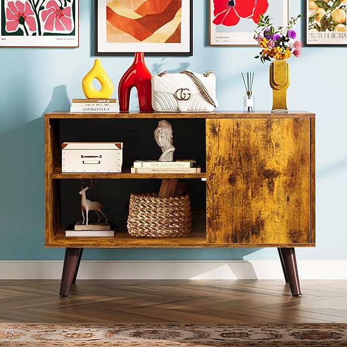 WLIVE TV Stand for 40 Inch TVs, Small Entertainment Center with Storage Cabinet, Mid-Century Modern TV Stands for Living Room and Bedroom, 32" TV Console, Brown