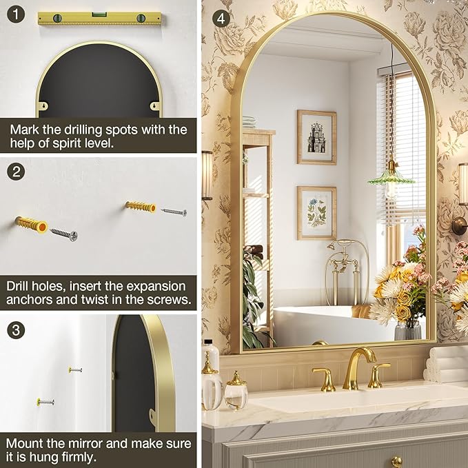 Brightify Arched Mirror, 31 x 33 Inch Gold Arch Mirror, Metal Frame Gold Arched Wall Mirror, Arched Top Bathroom Vanity Mirror for Living Room Bedroom Mantle Entryway Hallways