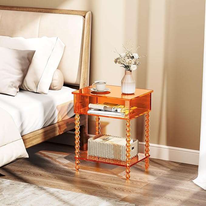 Acrylic Side Table, Clear 3-Tier End Table with Storage, Nightstand for Living Room, Bedroom, Office (Orange, 11.8 ×15.7 × 19.7)