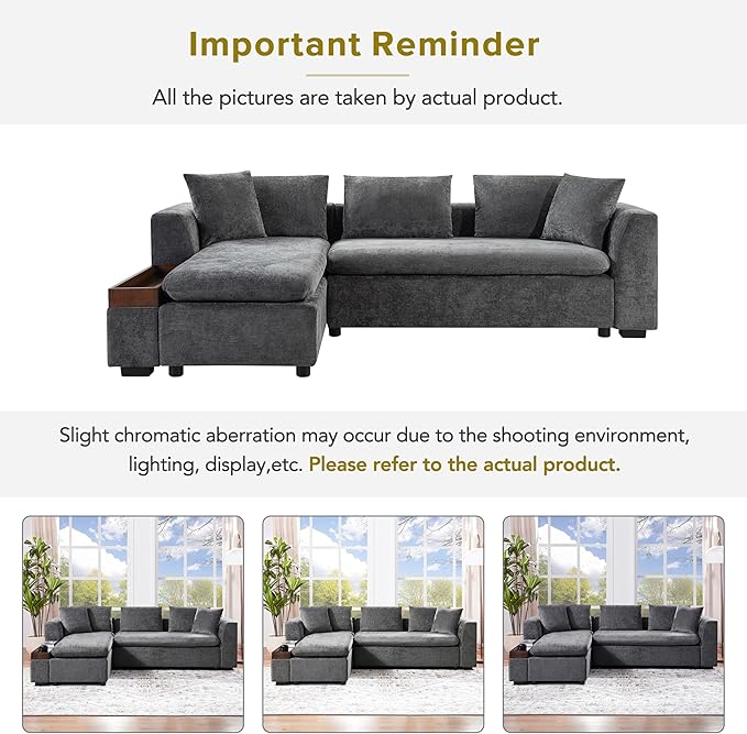 Merax 93.7" L-Shaped Sectional Sofa with Wooden Storage Compartment, Chenille Upholstered Deep Seating Sleeper Couch & Chaise Lounge and Throw Pillows for Living Room, Gray