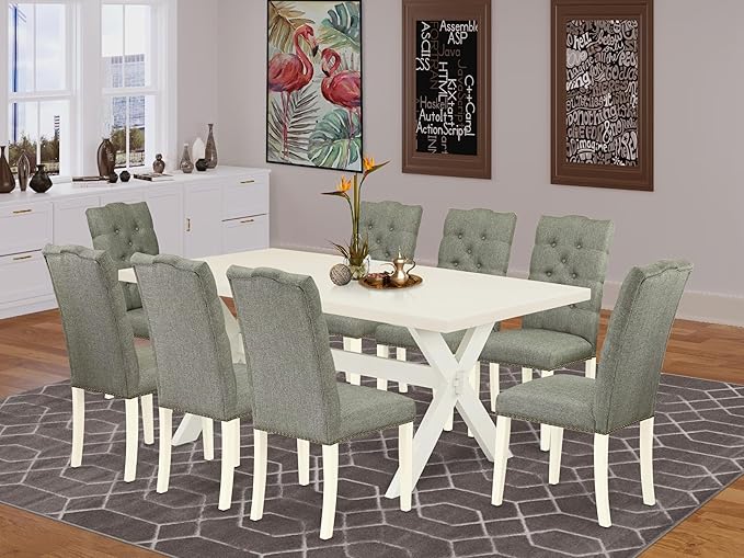 East West Furniture X027EL207-9 9 Piece Kitchen Table & Chairs Set Includes a Rectangle Dining Room Table with X-Legs and 8 Gray Linen Fabric Parson Dining Chairs, 40x72 Inch, Multi-Color